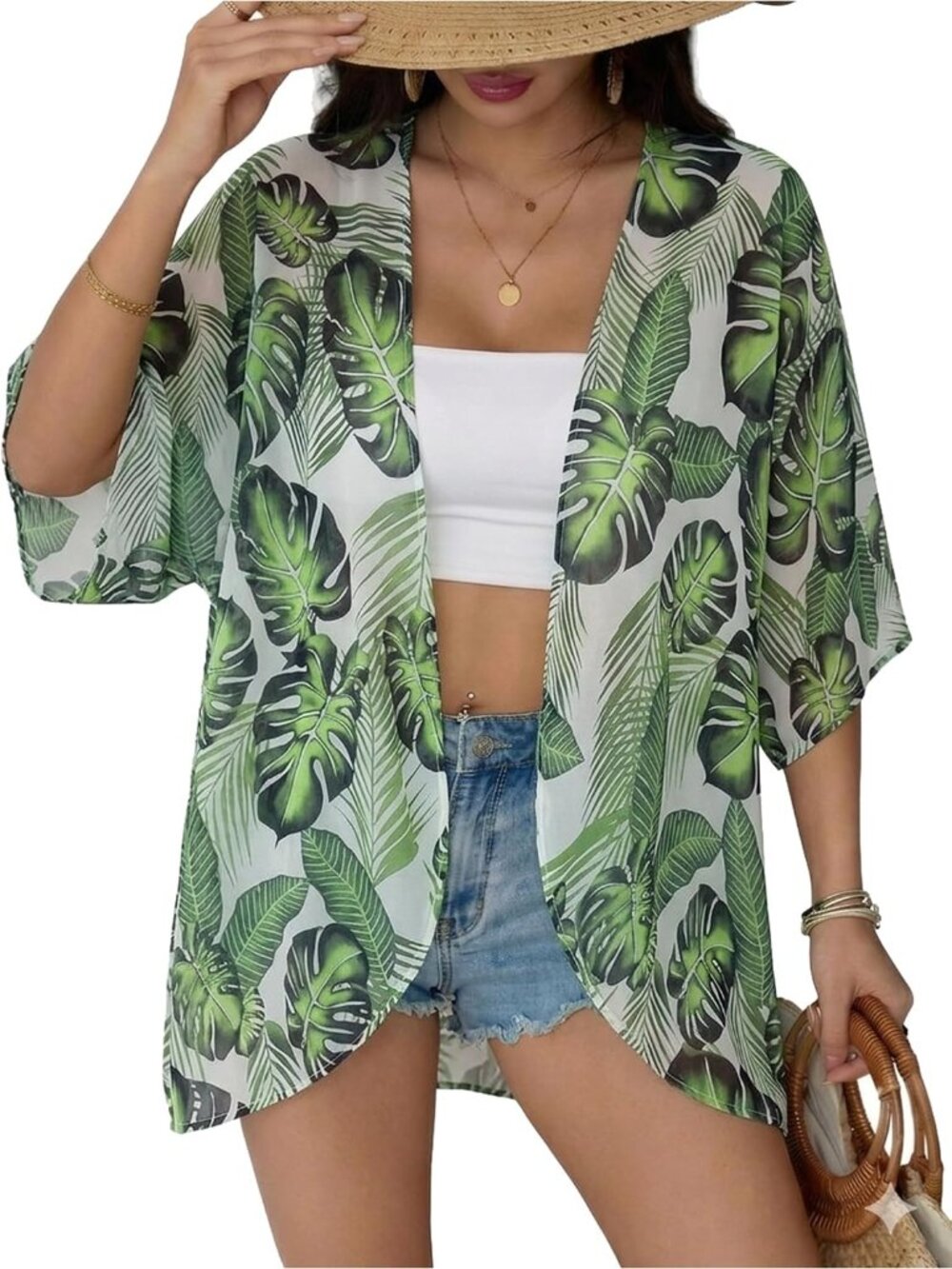 Women's Light Green Chiffon Kimono Cardigan Open Front Blouse Swimwear Cover Up